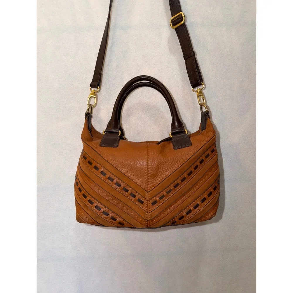 Isabella‎ Fiore Leather Chevron Satchel Crossbody Bag Tan Brown